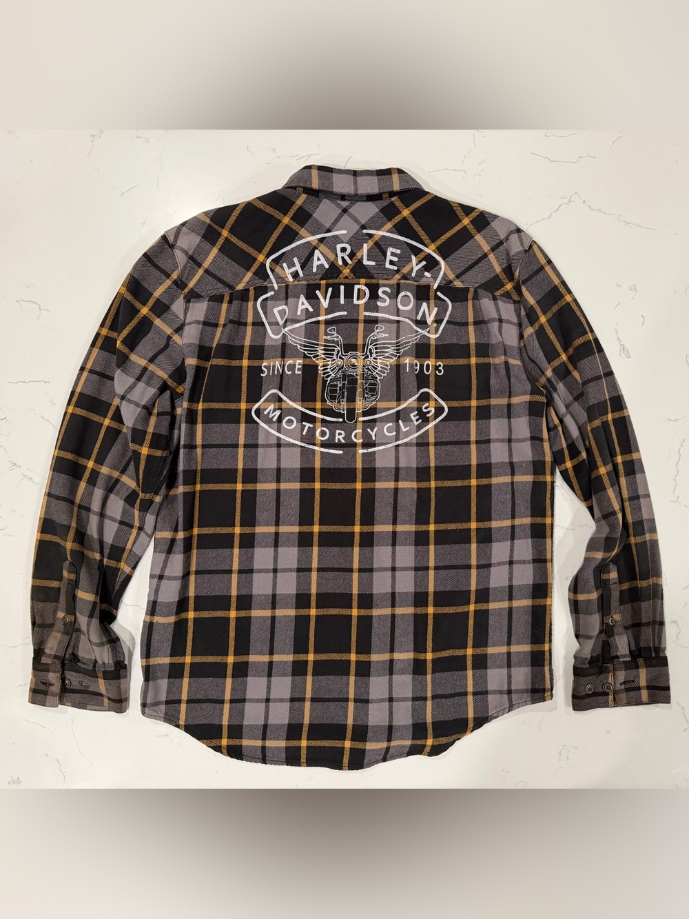 Harley-Davidson Black, Gray & Mustard Plaid Flannel Shirt Jacket